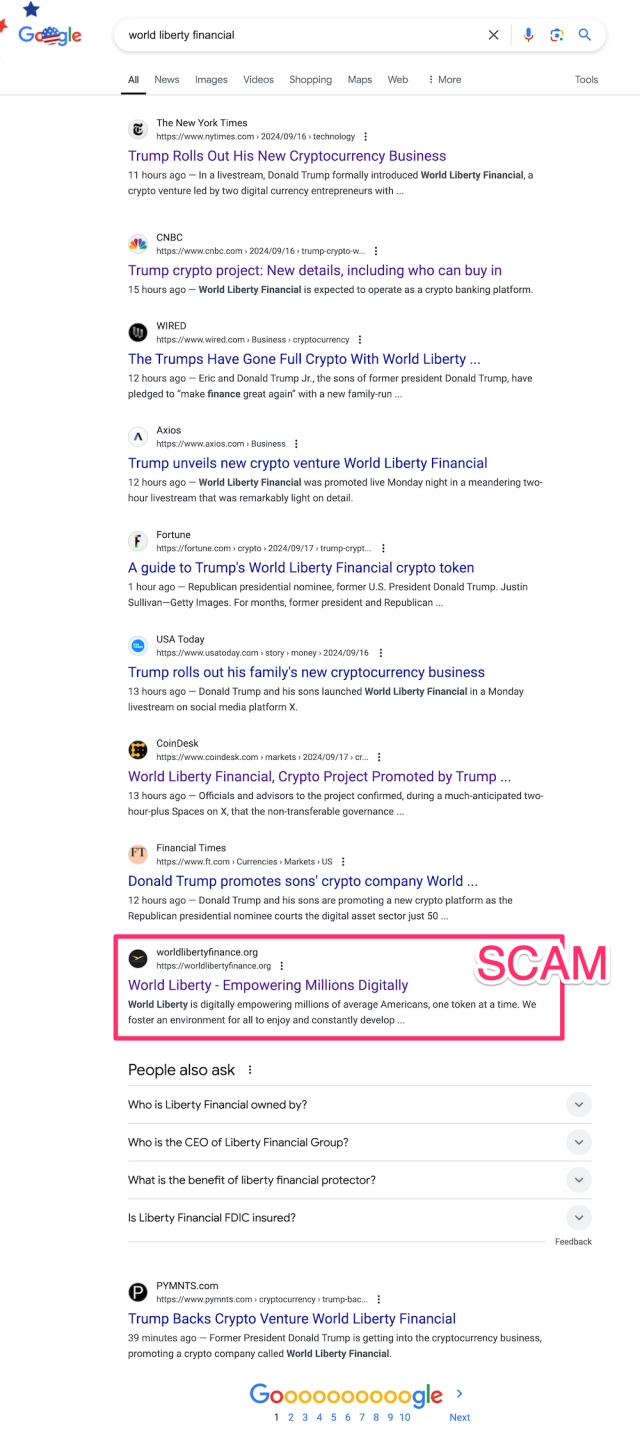 A page of Google search results with headlines about the project in The New York Times, CNBC, Wired, and others. The ninth result is a website for a crypto project called “World Liberty”, using the WLF branding and photos of Donald Trump, but it is a scam version. The result is highlighted, and the text “SCAM” is overlaid.