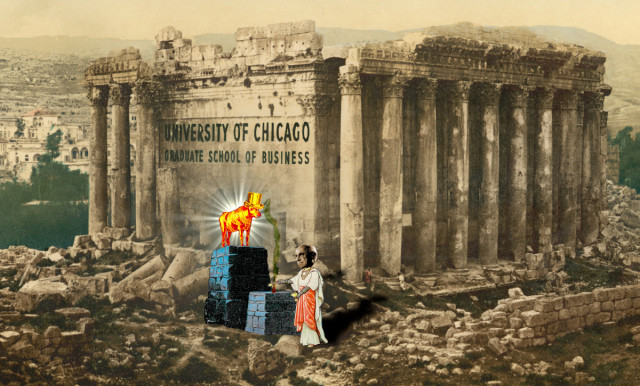 The ruins of the Temple of Jupiter, taken in the late 18th century, overlooking a stretch Lebanon. It has been emblazoned with the 1970s-era logo for the University of Chicago Graduate School of Business. Before it stands a figure taken from an early 1900s illustrated bible, depicting a Hebrew priest making an offering to the golden calf at the foot of Mt Sinai. The priest's head has been replaced with the head of Milton Friedman. The calf has been adorned with a golden top-hat and a radiating halo of white light.