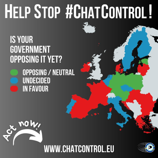 Sharepic showing a map of Europe. "Help Stop #ChatControl! Is your government opposing yet?" Showing most of the EU coloured in red, for "in favour" of chatcontrol. "Act now! www.chatcontrol.eu" and the logo of the European Pirates.