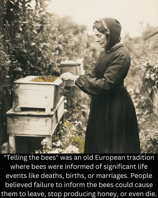 vintage photo of a woman in a long dress and cap standing next to a wooden bee hive