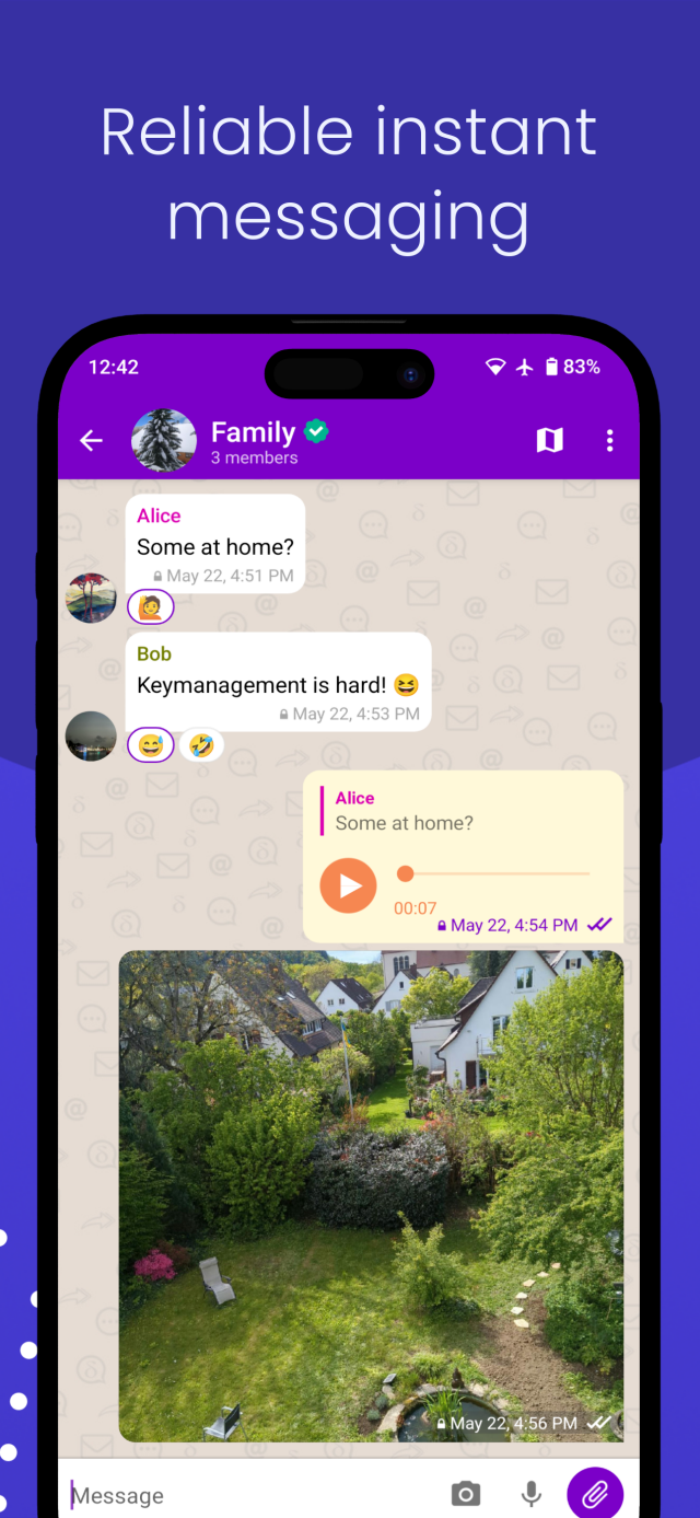 an screenshot of a conversation in a family chat, some visible features: voice messages, images, emoji reactions to messages. There is a header text at the top: "reliable instant messaging" 