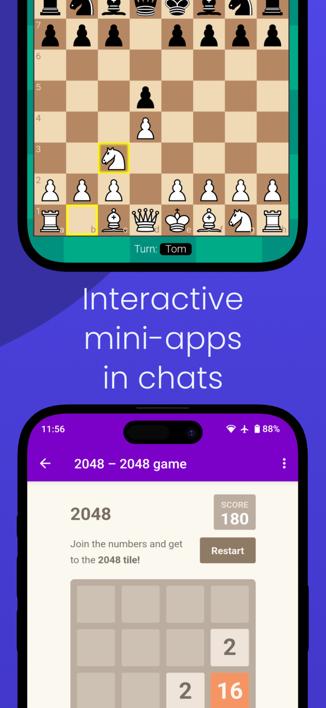 screenshots showcasing in-chat mini-games one of a chess game another of 2048 tile-merging game, a header text between the two screenshots says: "interactive mini-apps in chats"