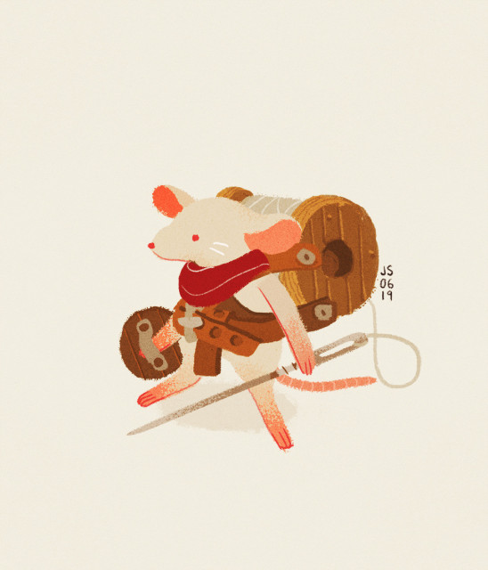 Concept art of a red eyed, white mouse character with a red scarf, a spool of thread strapped to its back holding a needle and shield.