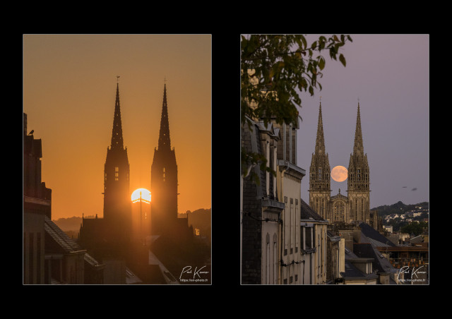 Diptyque sur fond noir de deux photos verticales, présentant le lever du soleil entre les tours d'une cathédrale dans une ambiance dorée pour la première photo, et le lever de la pleine lune, entre ces mêmes tours de cathédrale dans une ambiance +/- parme de la ceinture de Vénus. Sur la première photo, la façade de la cathédrale est par conséquent dans l'ombre du fait du contre-jour important alors que sur la seconde photo on distingue bien l'architecture de cette même façade.