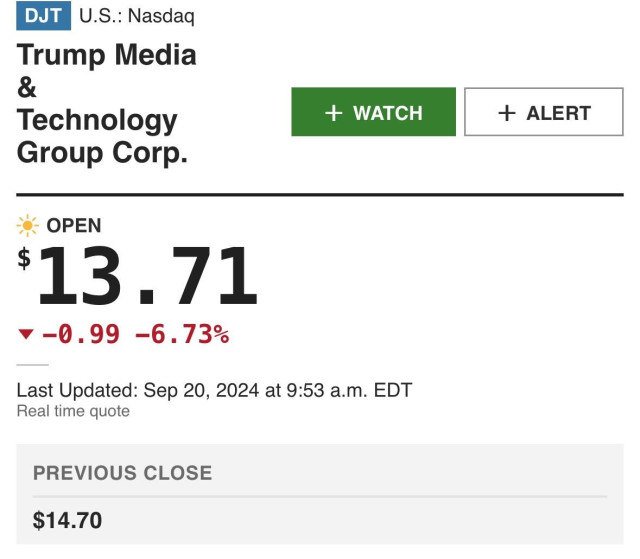 Stock ticker showing DJT down by 7% in early trading to $13.71 per share. 