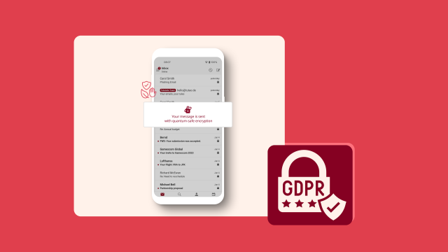 Tuta screenshot saying "Your message is sent with quantum-safe encryption" with a GDPR lock next to it.