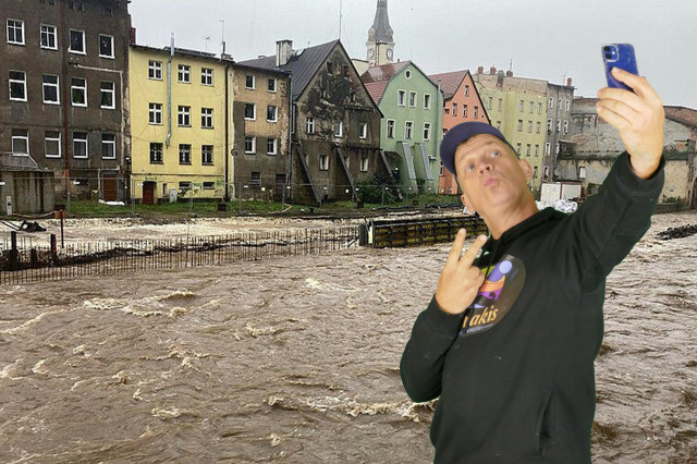 I'm posing for a selfie with my mobile phone against the backdrop of the Elbe, which has overflowed its banks and in this picture has come dangerously close to the houses on the riverbank. This picture was taken using green screen technology