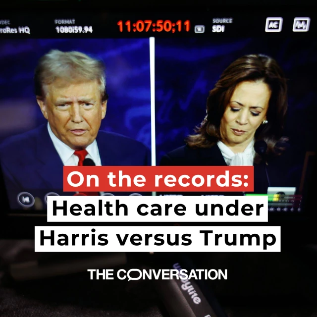 The image shows a moment of the presidential debate of Sept. 10, 2024, between Donald Trump (at the left of the picture) and Kamala Harris (at the right of the screen). We can see a timer above singaling "11:07:50:11" up top. Below, it reads "On the records: Health care under Harris versus Trump".