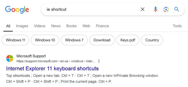 A screenshot of the Google Result for the Search term "ie shortcut".  The first result is "Microsoft Support Internet Explorer 11 keyboard shortcuts".