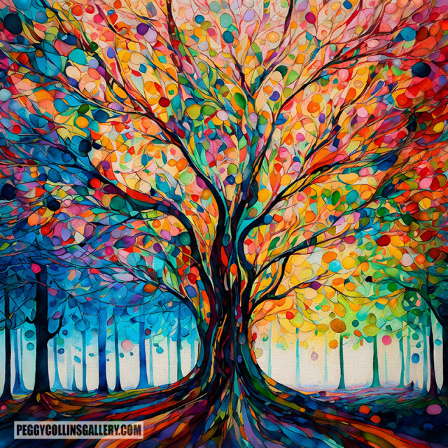 Colorful artwork of a tree in autumn, by artist Peggy Collins.