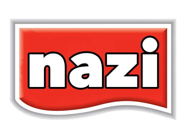 Schriftzug "nazi" im Design des "müller" [Milch] Logos. 