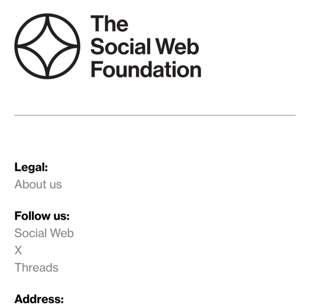 The "Follow us" section of the imprint of the Social Web Foundation's homepage linking to the homepage itself, X, and Threads