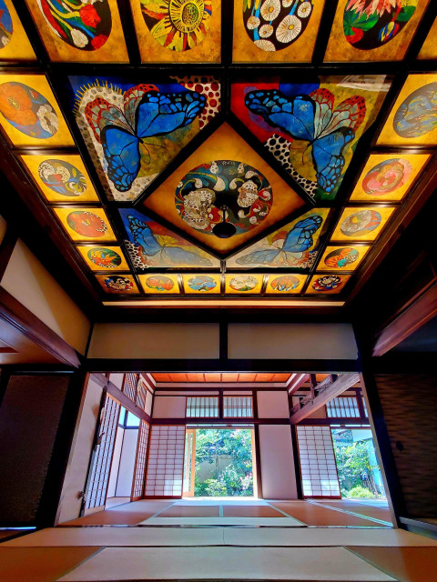 The brightly painted ceiling within Sonyo-in temple. Butterflies feature heavily as a motif.