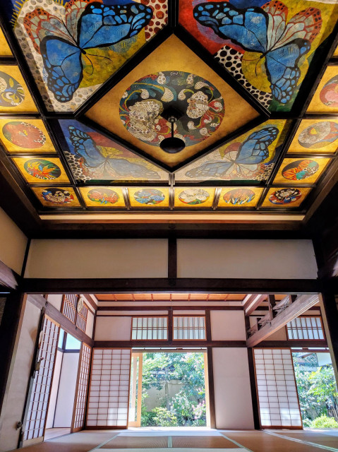 Sonyo-in's ceiling, decorated with abstract flowers and butterflies.