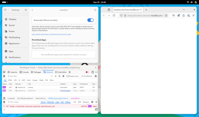 Screenshot showing the link to Learn about what what data is collected, and how is it used,, along with the contents of the linked-to page (https://location.services.mozilla.com/privacy) with is shown as a 404 both in the browser window and in the Network tab of the browser’s developer tools.