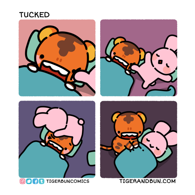 A comic of Bun rolling around while sleeping, Tiger tucks her back in in the end