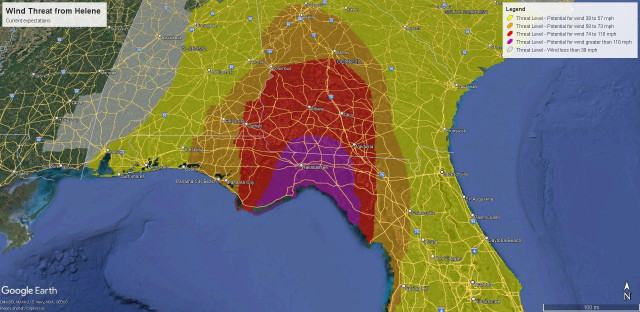 Wind risk map for Florida and Georgia showing hurricane force winds making it to about Macon and higher end tropical storm force winds to Atlanta.