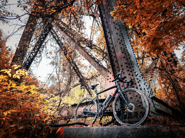 photo of a black specialized diverge gravel bike standing at the base of a steel train bridge support. the beams of the train bridge support are lined with rivets. on the lower left and upper right corners of the photo there are orange and yellow autumn leaves on trees and bushes 