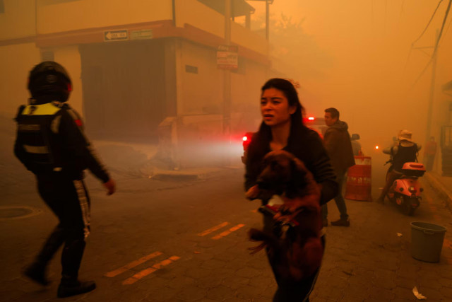 A woman carrying a dog walks through the smoke from a wildfire, in Quito, Ecuador September 24. REUTERS/Karen Toro