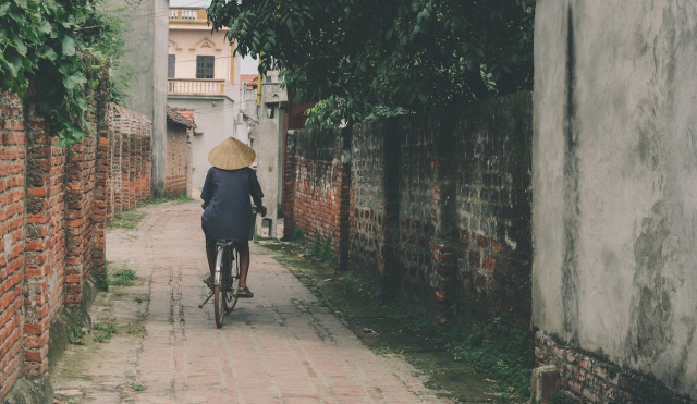 A person riding a bicycle away from the camera down a narrow alley, with red-bricked walls on either side and pastel-toned buildings in the distance. Bushes and trees encroach onto the alley over the walls.