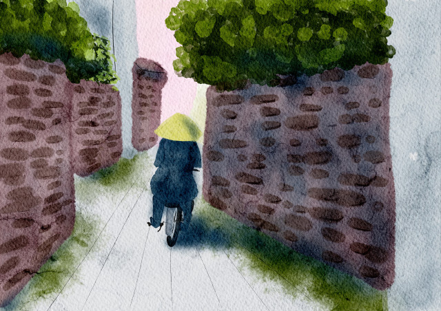 Digital painting of a cyclist on a quiet street in south east Asia for Curator Prompt 181. 