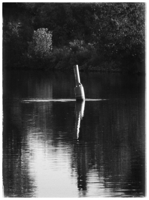 A buoy sits in the dark water of a river. Reflections in the water can be seen as well as trees on the background shoreline. This is a black and white image.