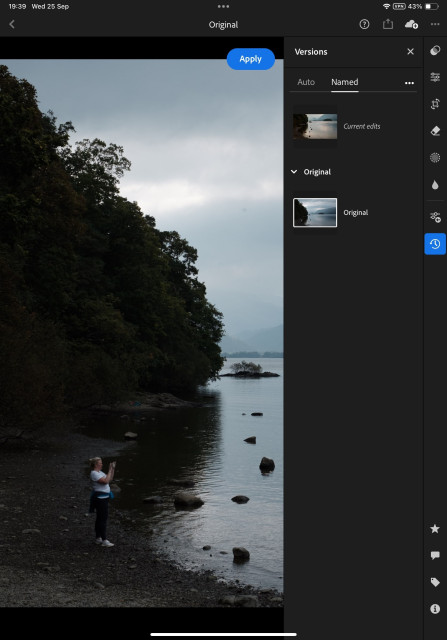 Screenshot of Lightroom panel  with a photo of a woman on a lakeside