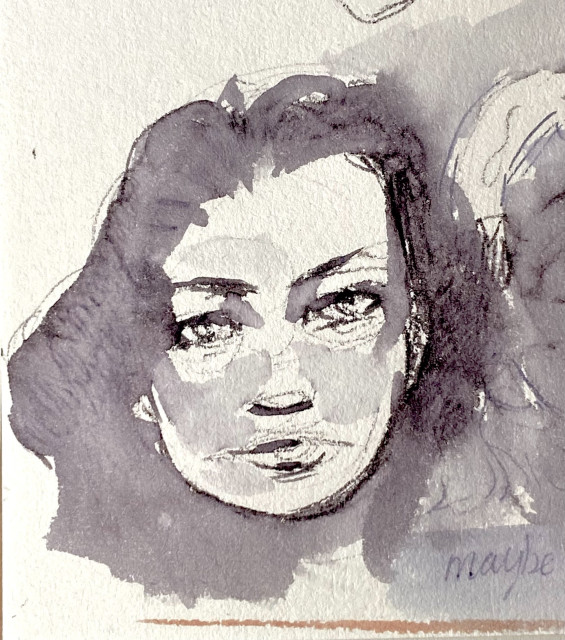 A pen and ink drawing of a woman with long black hair. The lines are drawn in water soluble ink and therefore disappear in large gradients of opacity for masses like the hair.