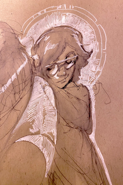 pen and ink sketch of a young sleepy person learning against someone's shoulders. White paint from a pen is used to indicate highlights, and the toned paper is used as a middle value