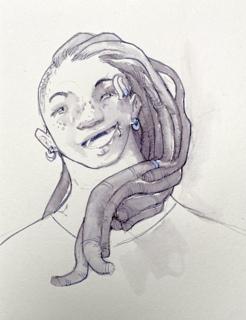 A pen and ink drawing of a woman with dreadlocks hair and jewelry laughing.