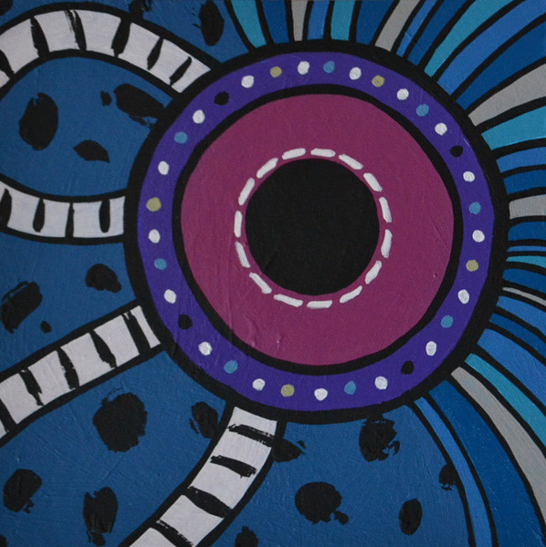 Swimming Against The Tide is an abstract, acrylic painting on paper. A pink and purple eye shape, with black and white striped tentacles moves through a blue background.