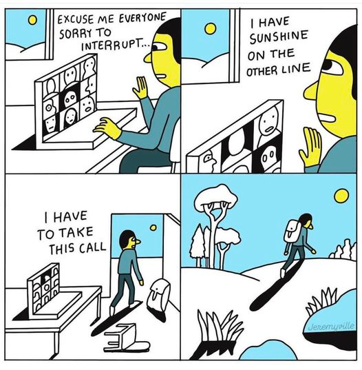 Cartoon of a person in a teams-meeting saying "sorry to interrupt, I have sunshine on the other line, I have to take this calls". in the last 2 images you see that person leaving the house with a backpack, walking towards the sun.