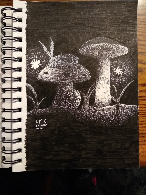 An Inktober Drawing of two mushrooms and some grass. The smaller mushroom is spotted with a fuzzy caterpillar on top. Next ot it is a coin with a crown on it. Around the mushrooms are three lights representing lighting bugs that light up the dark scene.