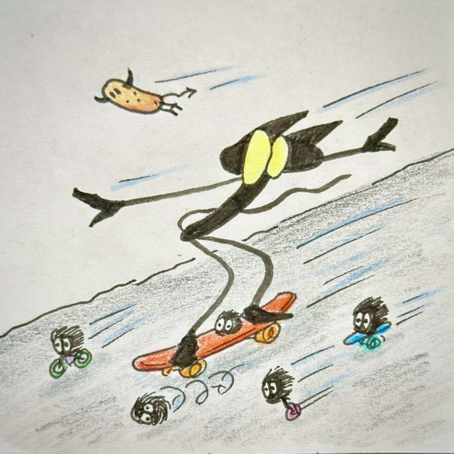 Drawing of a little gremlin skateboarding down the street 