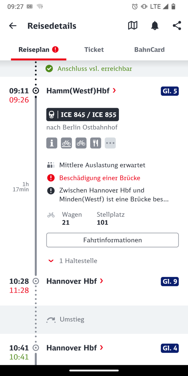 Screenshot aus dem DB Navigator. Anzeige eines ICE von Hamm nach Hannover. Abfahrt 9:26 Ankunft 11:28 Uhr in Hannover wegen eines Brückenschadens.