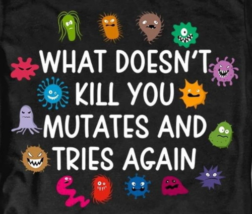 Various, different cartoon like virus characters float around the text:
What doesn't kill you mutates and tries again.