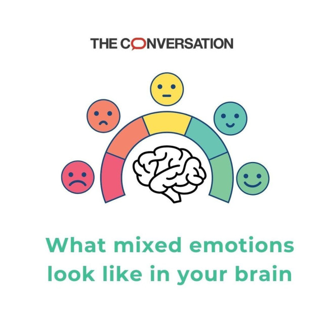 The graphic shows a meter with different emotions. From left to right: very sad, sad, neutral, happy, very happy. A picture of a brain is in the center of the meter. The graphic reads "What mixed emotions look like in your brain". 