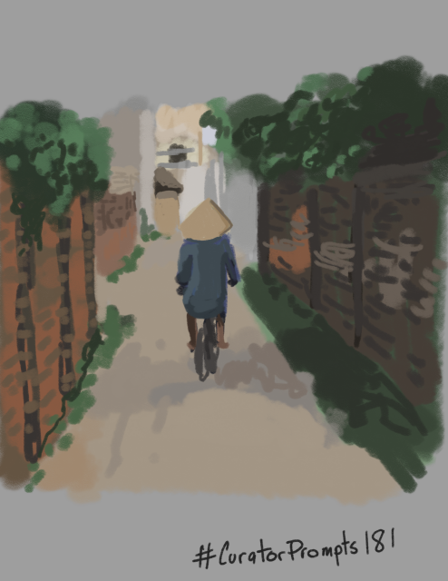 Digital painting of a street scene. In the centre is a person on a bicycle, facing away and wearing a blue outfit and conical asian hat. On either side are brick walls and vegetation. 