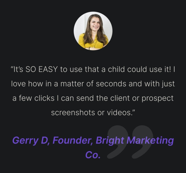 Screenshot from the screen rec website of "Gerry", founder of a marketing company (allegedly), giving a testimonial - except inexplicably she is also the head of content for the company?