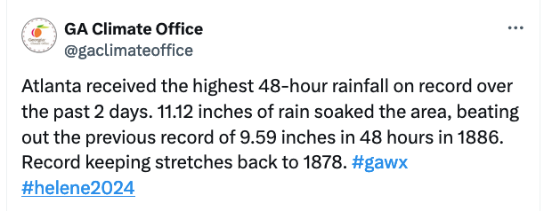 tweet that says: "Atlanta received the highest 48-hour rainfall on record over the past 2 days. 11.12 inches of rain soaked the area, beating out the previous record of 9.59 inches in 48 hours in 1886. Record keeping stretches back to 1878."