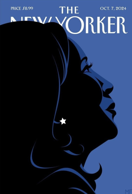 Oct 7, 2024 cover of The New Yorker magazine. Blue background with black silhouette of VP Harris' profile with a white star as earrings. Artist:  WH