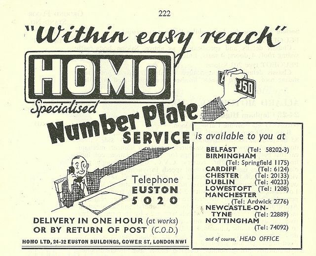 Vintage ad for Homo Ltd. A cartoon illustration of a man sitting at a desk, talking on the phone. His arm stretches out to an inhuman length and grabs a license plate. Text reads: "Within easy reach – Homo Specialised Number Plate Service"