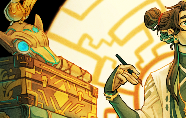 Fragment of a larger image. On the left is a stack of boxes and books, topped by the brass head of a fox robot. On the right is a man, barely in frame, dressed in traditional Chinese clothing. The colours are a mix of warm yellows and oranges, and cold, glowing blue-greens. 