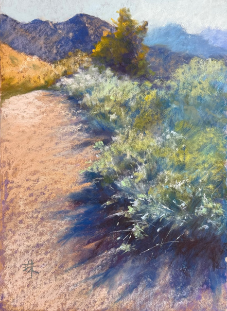 A pastel landscape painting in vertical format. It's a dusty trail that is leading the viewer to the mountains alongside the rabbitbrush that is just starting to bloom. Rabbitbrush is casting blue/purple shadows on the trail.