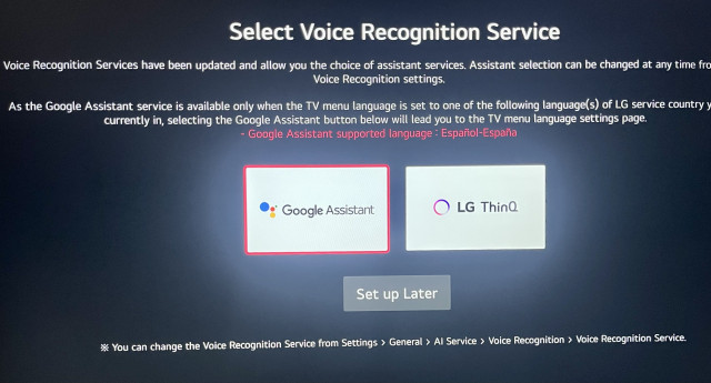 LG Smart TV screenshot: “Select Voice Recognition Service”, with options “Google Assistant” and “LG ThinQ"