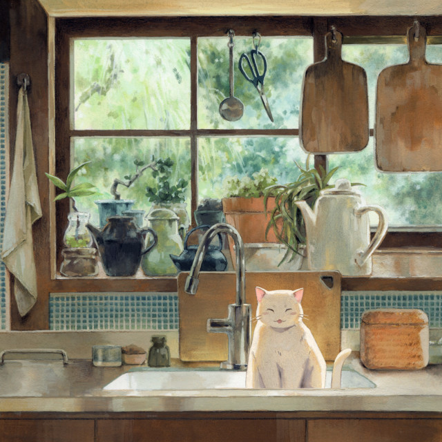 A gouache painting of a cat sitting in  a kitchen sink. Lush green background, warm colours. 