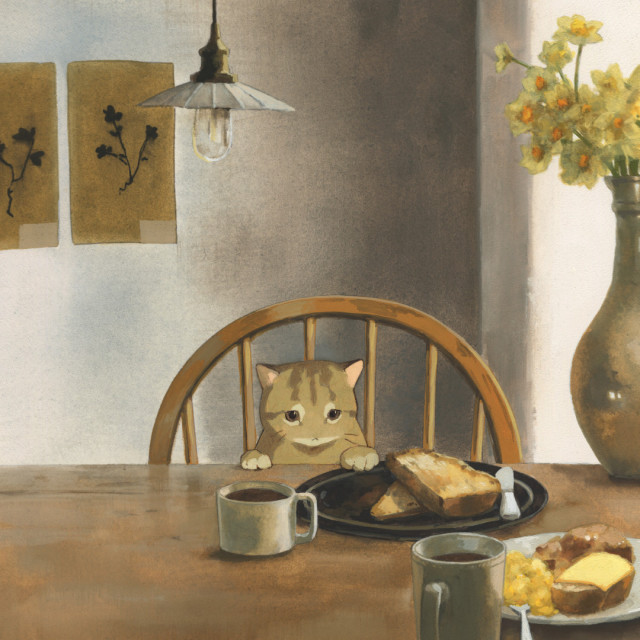 A gouache painting of a cat sitting at a breakfast table. Neutral, warm colours. 