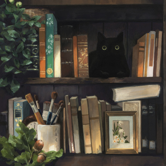 A gouache painting of a black cat hidden in a bookshelf. Lots of books, and some plants. Orange and teal hues. 