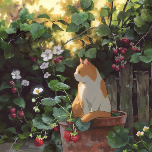 A gouache painting of a cat sitting in a plant pot. Raspberry bushes in the background. Golden hour lighting.