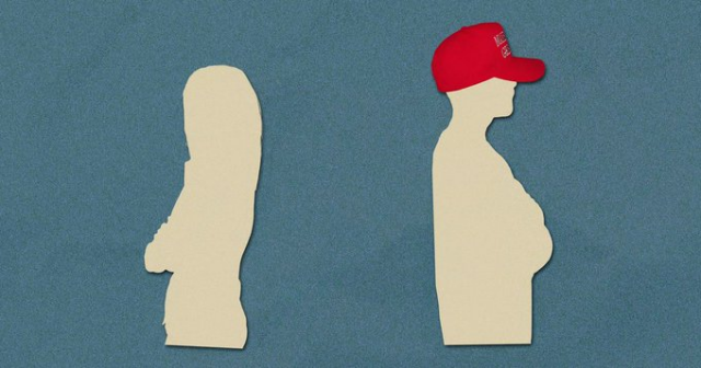 Silhouettes of a woman & man (with a red hat):